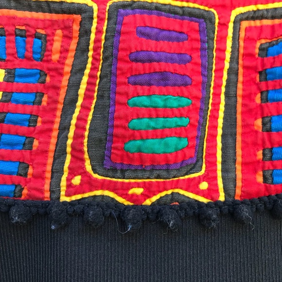 Vtg 70s Colorful Mola Tribal Pom Pom Dress - Picture 5 of 8